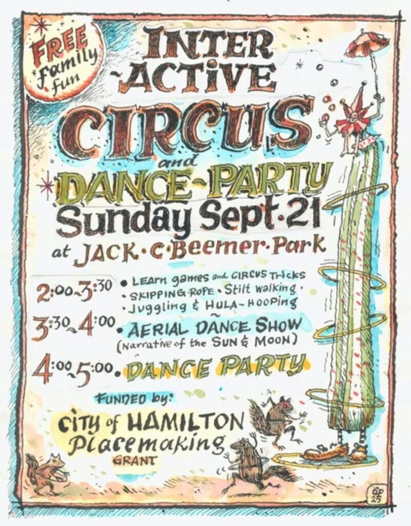 artistic poster for Interactive circus event at JC Beemer Park in Hamilton