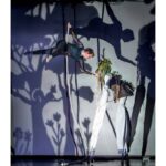 A shadow puppet aerial piece with woodland creature on 4-legged stilts